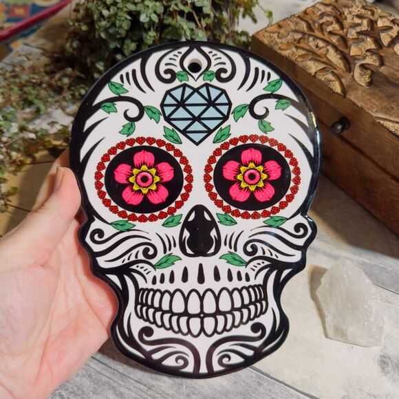 Sugar Skull Ceramic Wall Hanging Plaque-Cork Back - Picture 2 of 4